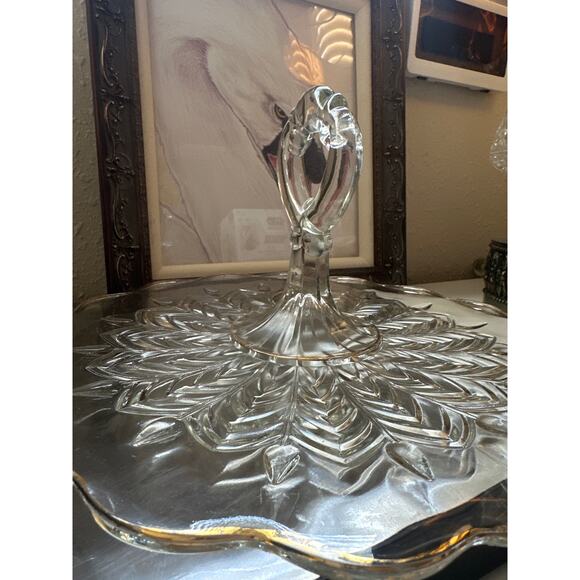 Vtg Mid Century Jeannette Feather Leaf Tidbit Tray Platter Gold Trim Retro Glass - Picture 10 of 10